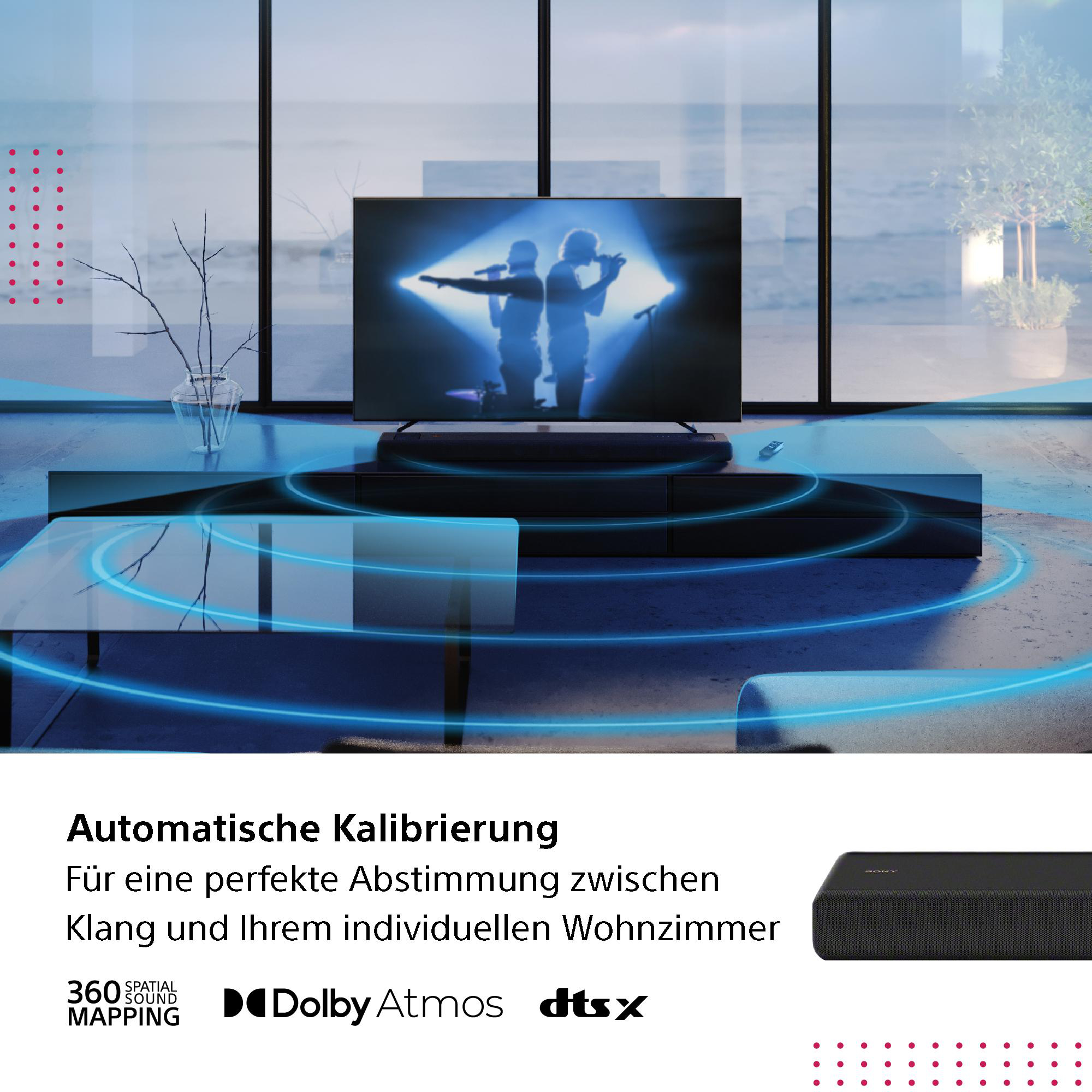 Wohnzimmer mit TV auf Ständer, Soundbar und abstrakten blauen Linien.