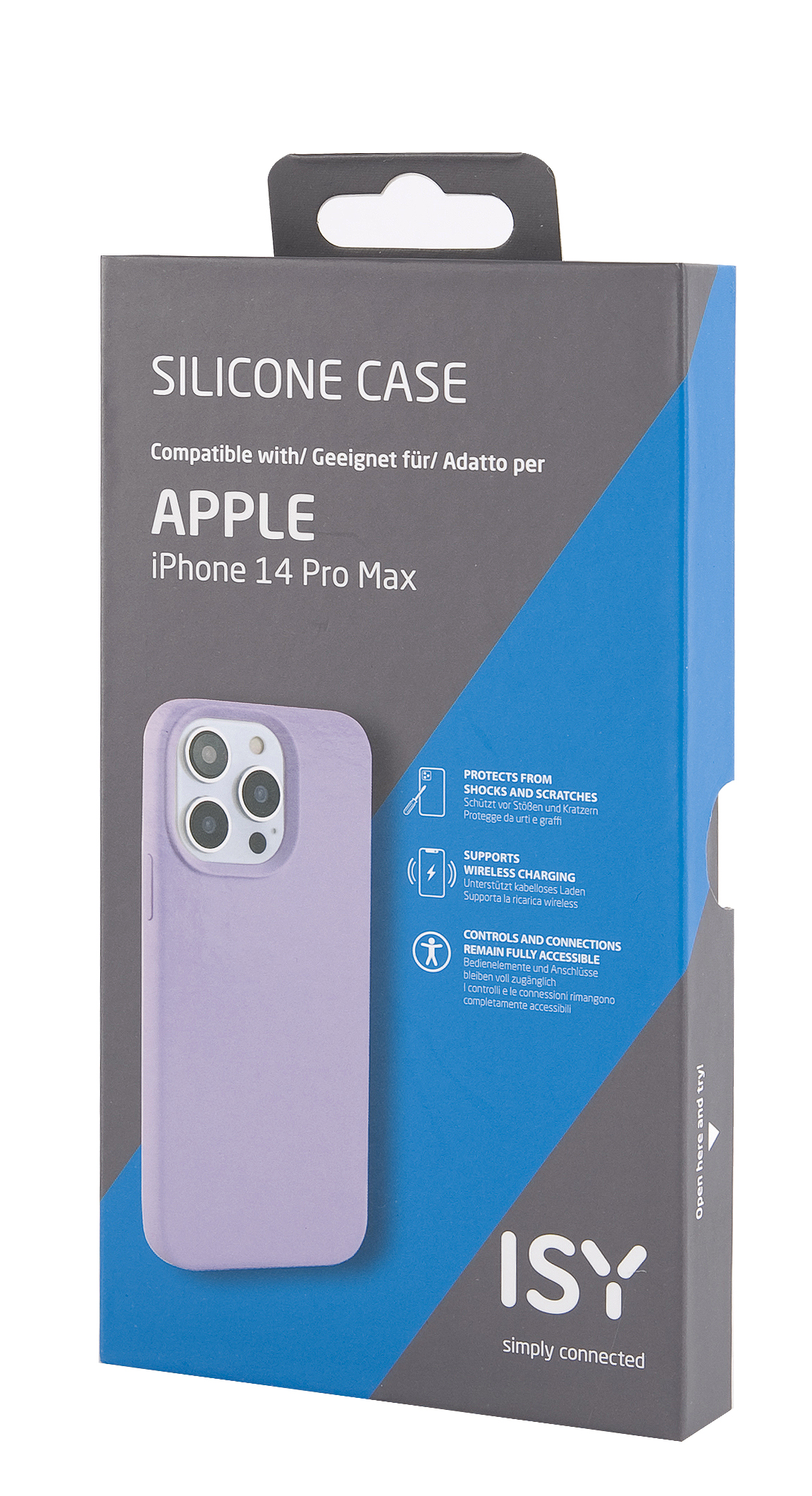 Box mit lila iPhone 14 Pro Max Hülle, Text: SILICONE CASE, ISY.