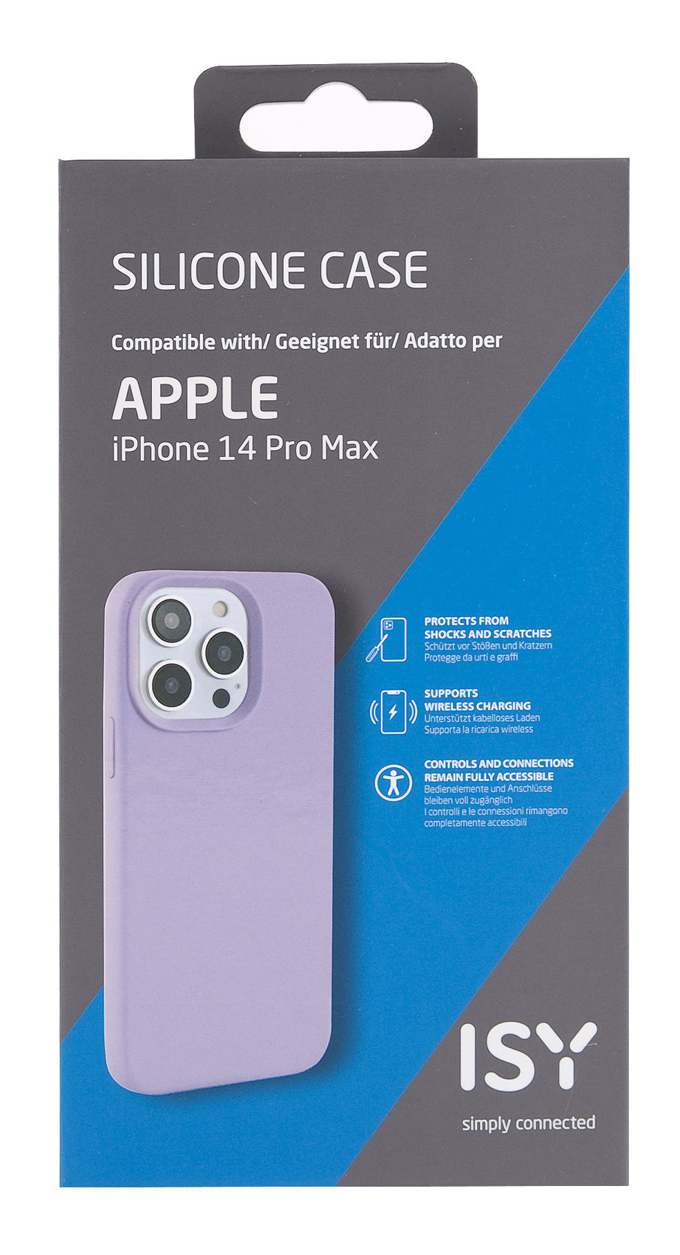 Lila Handyhülle für iPhone 14 Pro Max mit Text in mehreren Sprachen.