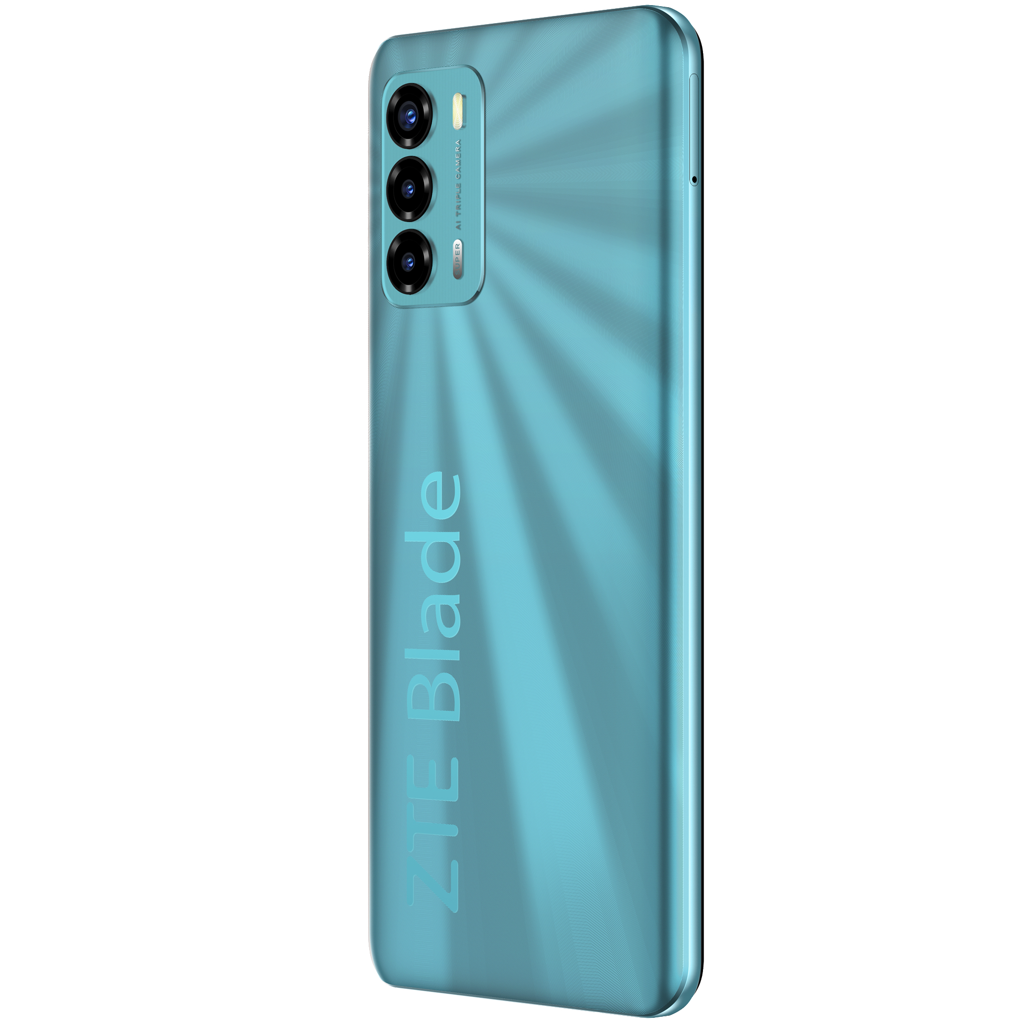 Rückseite eines türkisfarbenen Smartphones mit Dreifachkamera und Text 'ZTE Blade'.