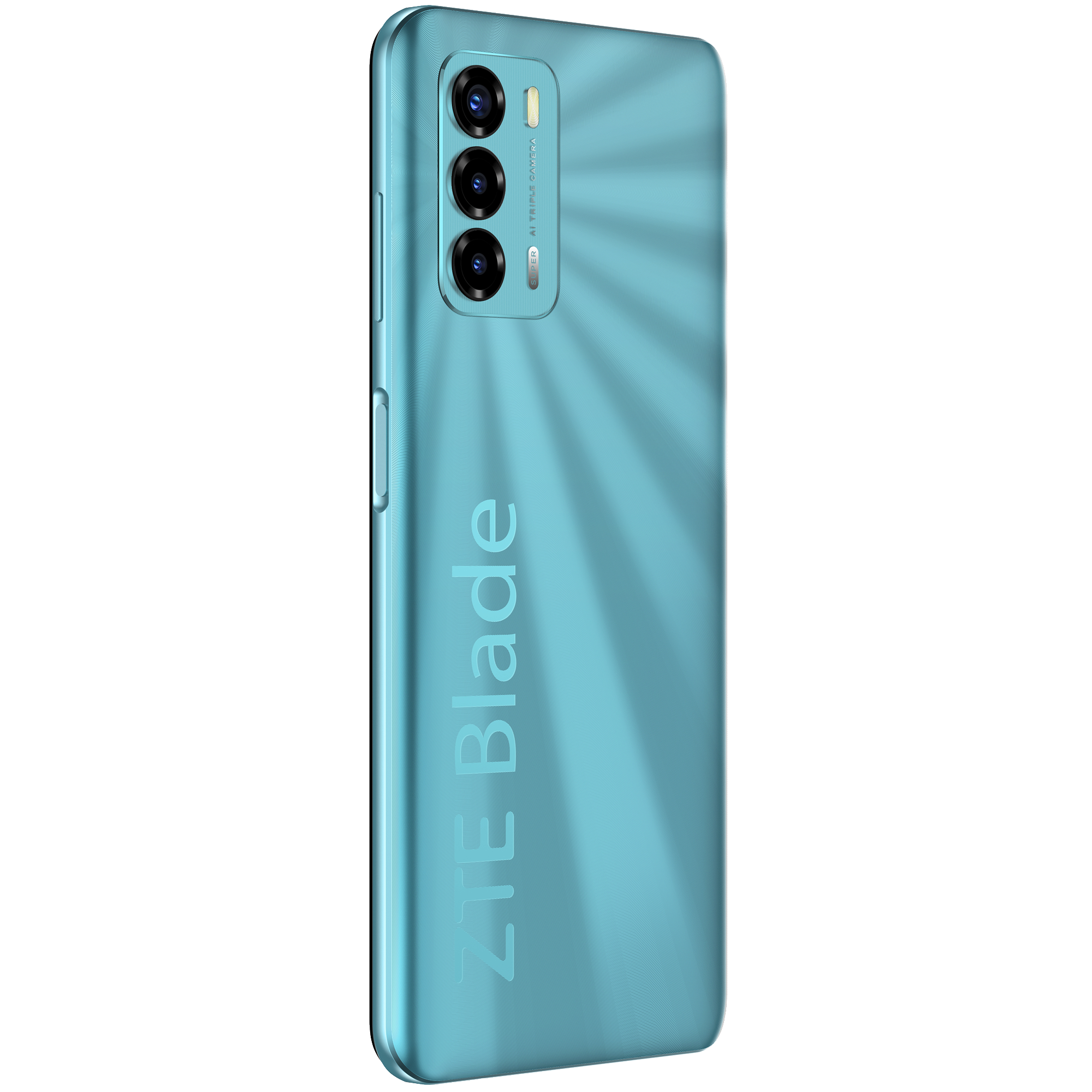 Türkisfarbene Telefonrückseite mit Dreifachkamera, 'ZTE Blade' Text.