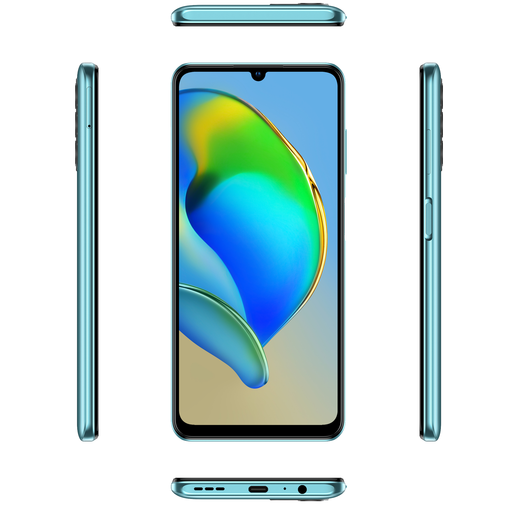 Ein türkisgrünes Smartphone, das ein farbenfrohes, abstraktes Design zeigt.