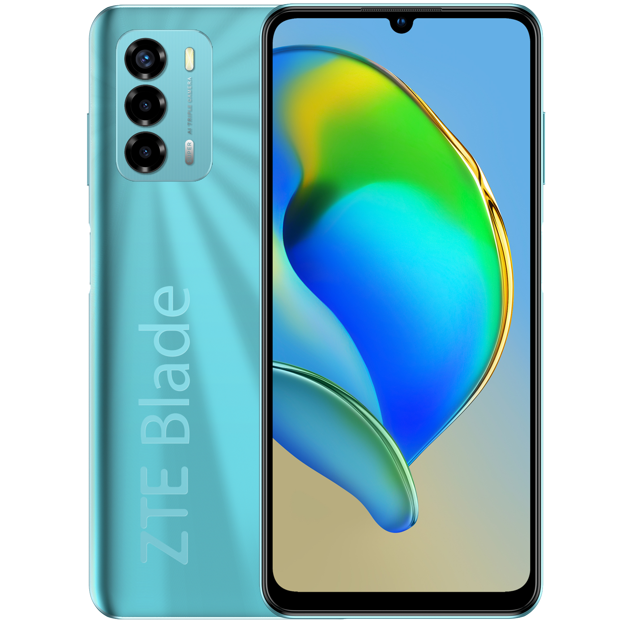 Türkisfarbenes ZTE Blade-Telefon auf Weiß. Drei Kameras und ZTE Blade-Text sind sichtbar.