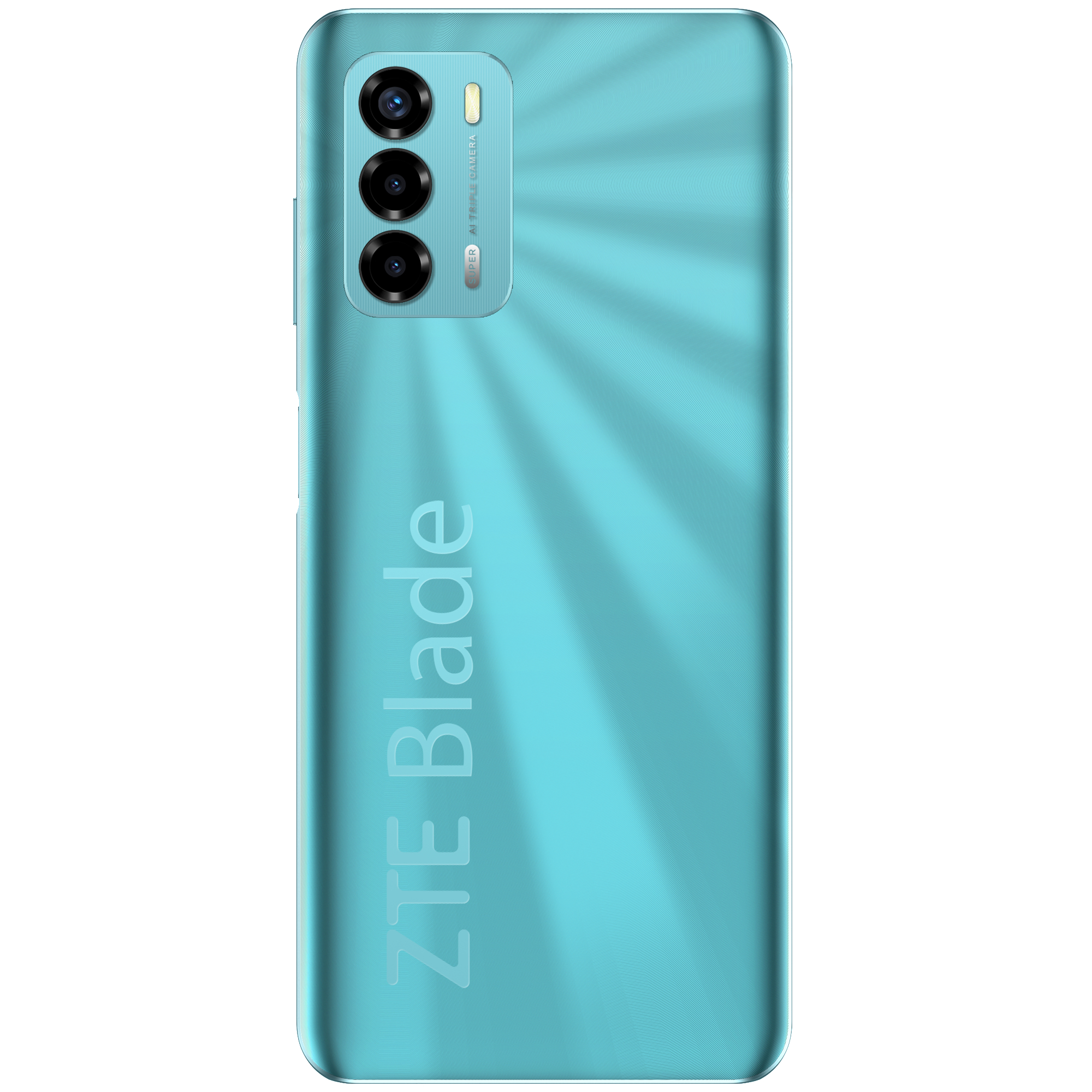 Türkisfarbenes ZTE Blade-Smartphone mit Dreifachkamera und Markennamen in Weiß.