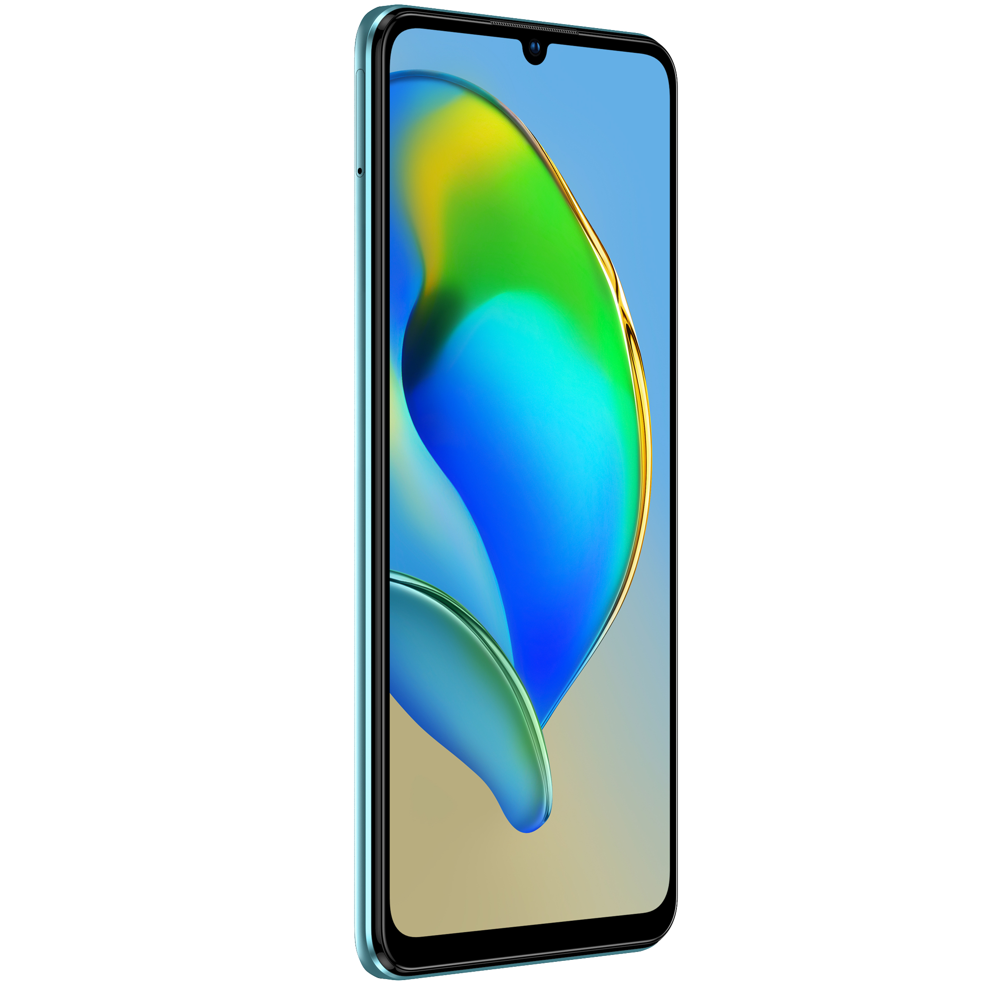 Ein hellblaues Smartphone mit großem Bildschirm, das ein farbenfrohes abstraktes Design anzeigt.