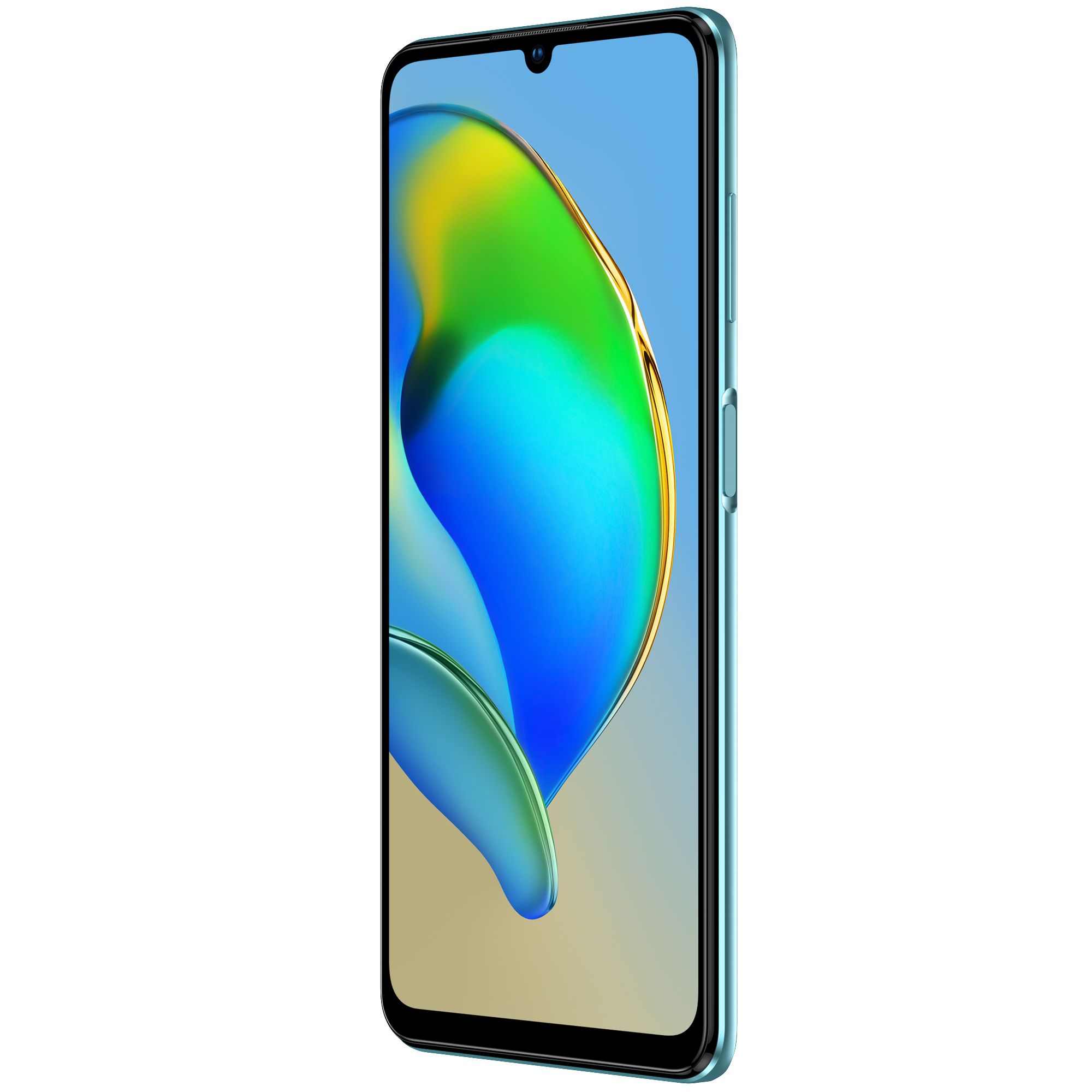 Ein türkisfarbenes Smartphone mit blauem und grünem Bildschirm, Seitenansicht.