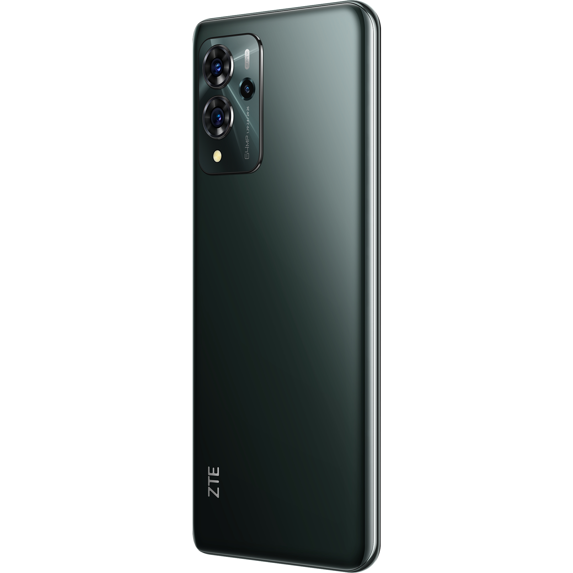 Ein dunkelgrünes Smartphone, von hinten betrachtet. Es hat mehrere Kameralinsen und das ZTE-Logo.
