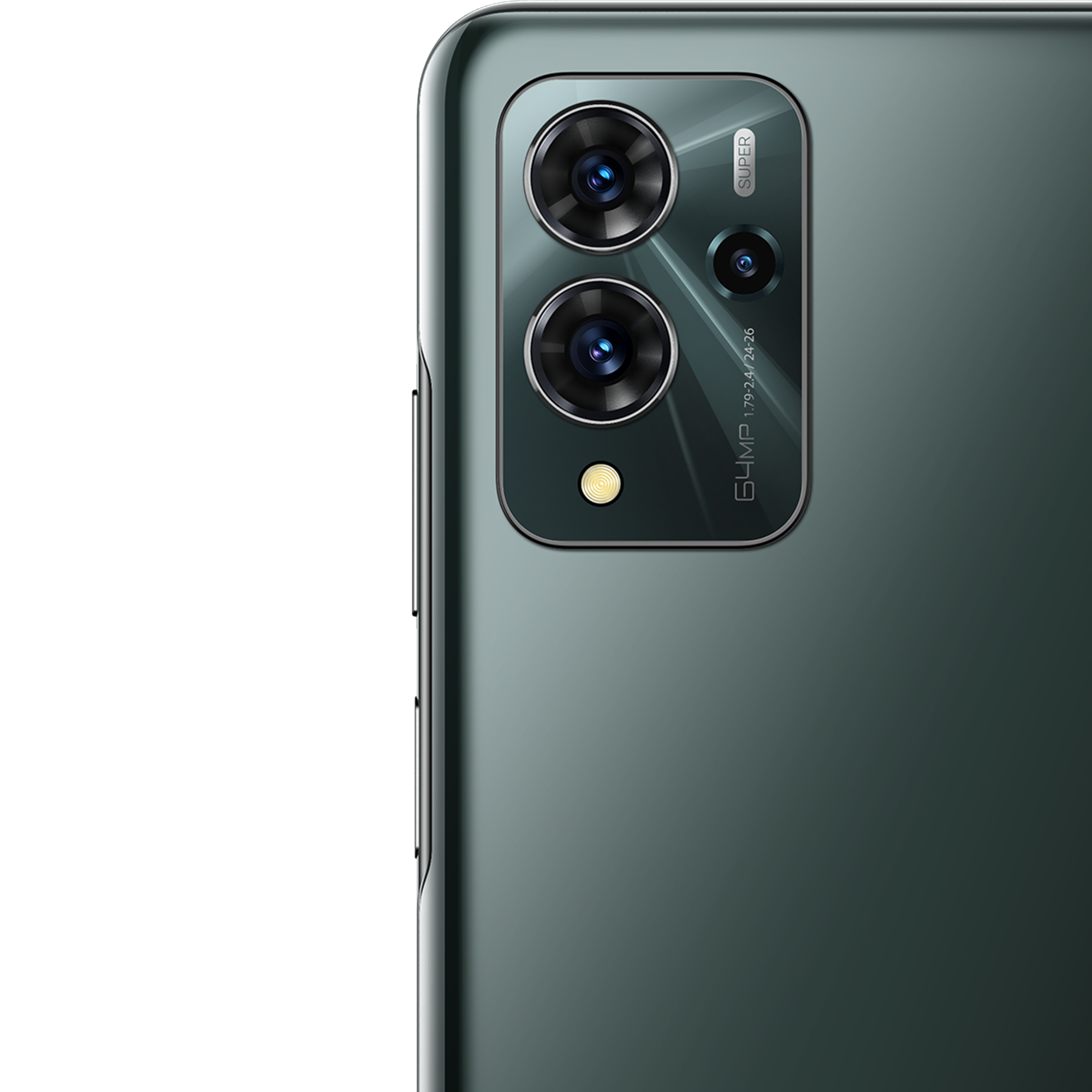 Nahaufnahme des Kameramoduls eines Telefons. Zwei Objektive und die Aufschrift „SUPER“ sind sichtbar. Der Hintergrund ist weiß.