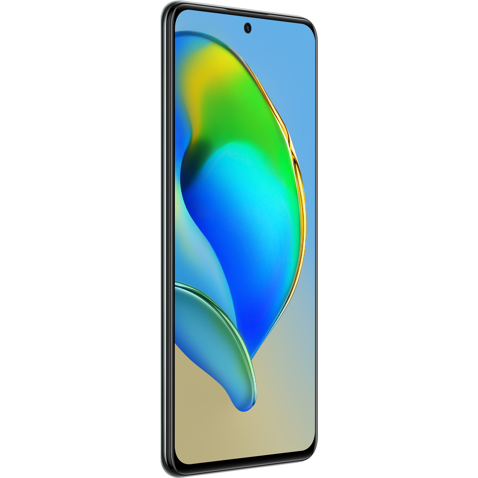 Ein Smartphone mit blau-gelbem Farbverlauf-Display, vor weißem Hintergrund.