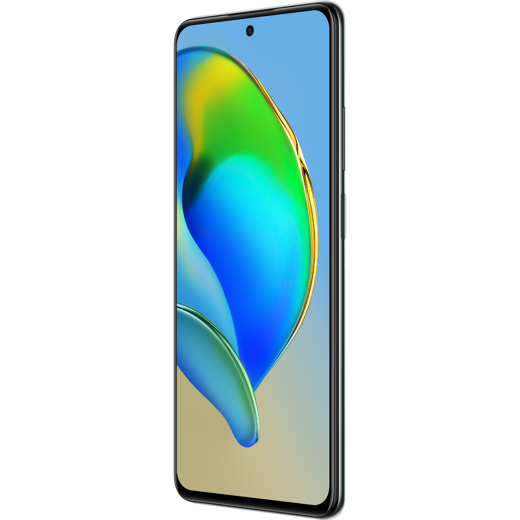 Ein Smartphone mit blau-gelbem Display, schwarzem Rahmen und Seitenansicht.