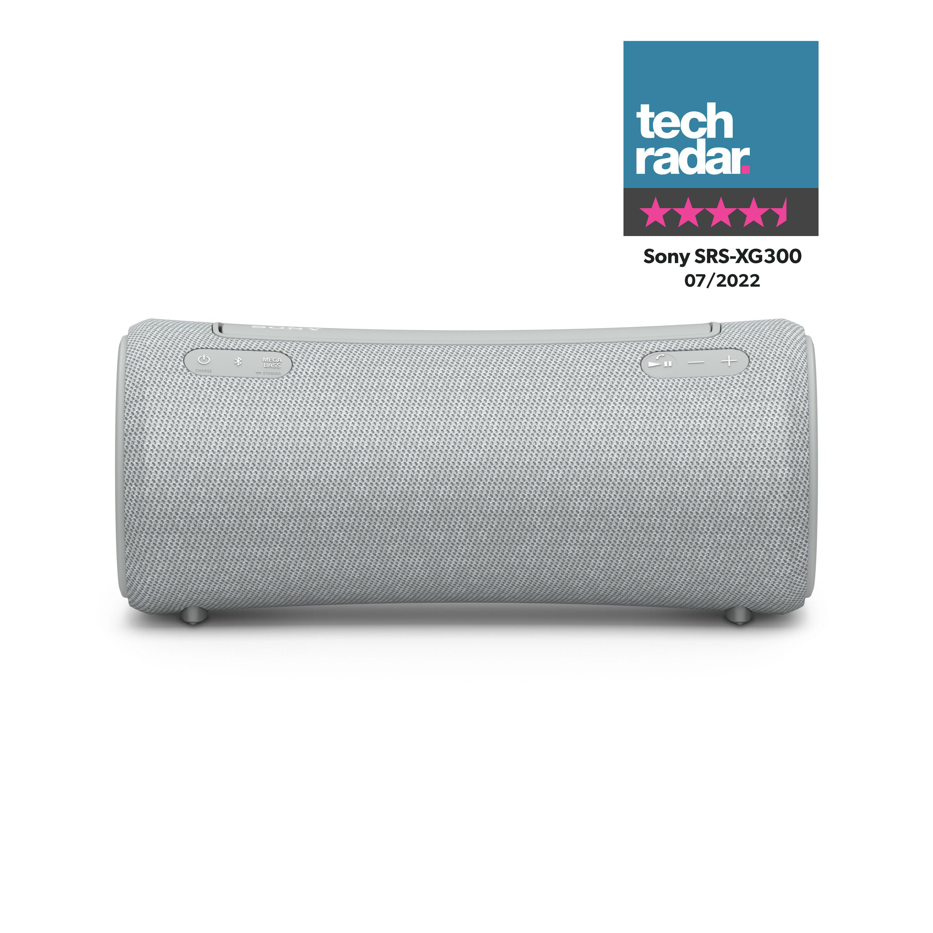 Ein grauer Sony SRS-XG300 Lautsprecher. Es hat eine Techradar-Bewertung.