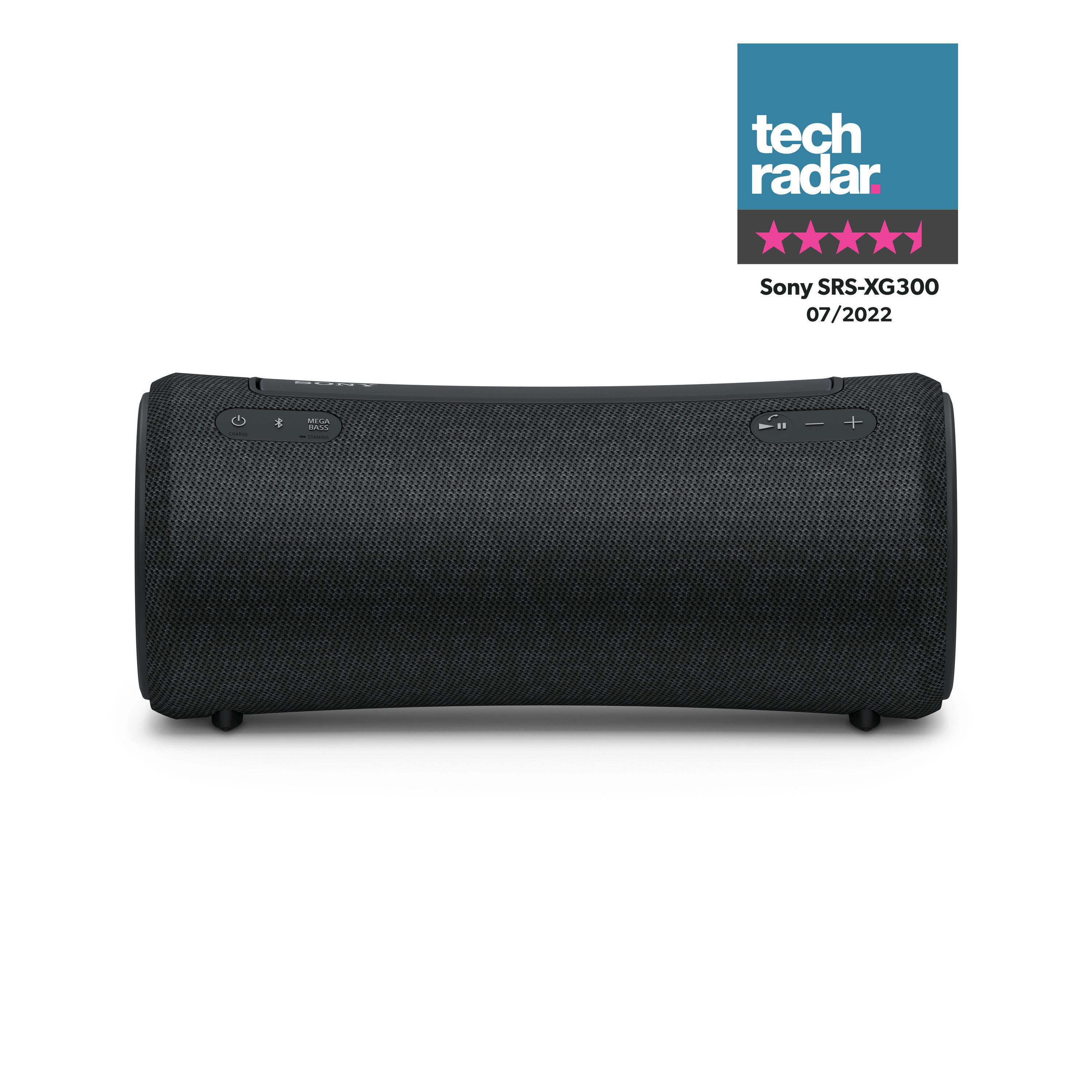 Ein schwarzer Sony SRS-XG300 Lautsprecher mit Tech Radar Review Logo auf weißem Hintergrund.