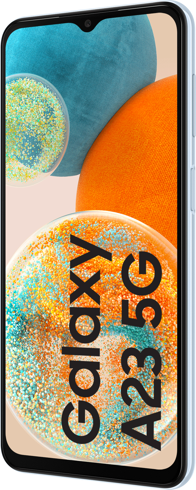 Een blauwe telefoon met oranje en blauwe bellen op het scherm. Tekst zegt: "Galaxy A23 5G".