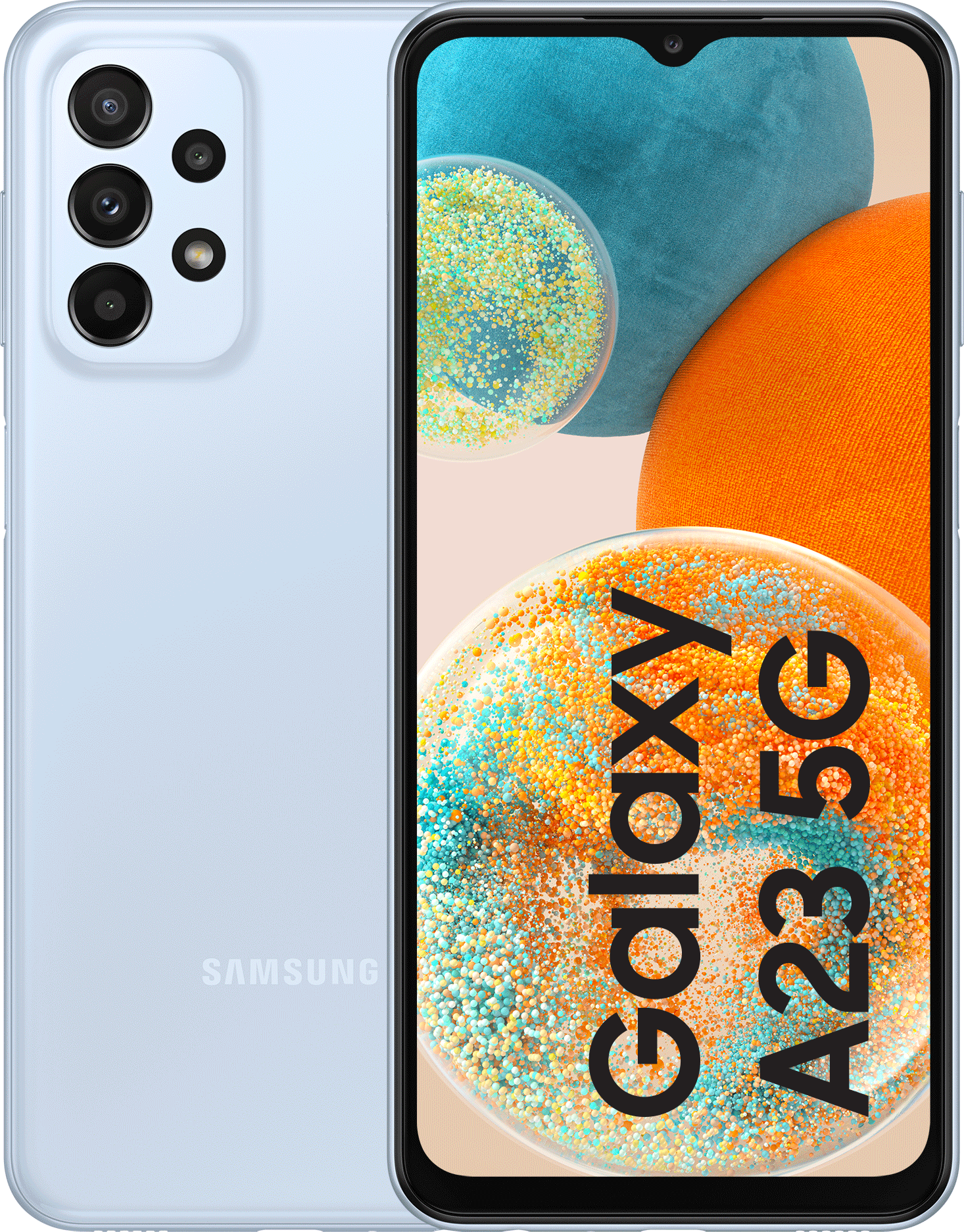 Samsung Galaxy A23 5G, lichtblauw. Achter- en vooraanzicht. Toont een kleurrijk abstract ontwerp.