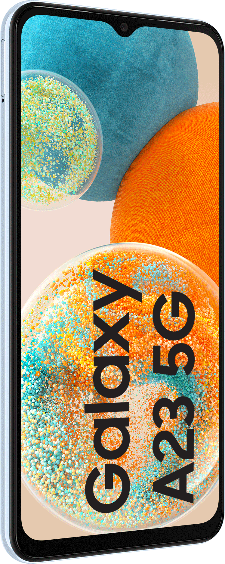 Blauwe Samsung Galaxy A23 5G telefoon. Een kleurrijke achtergrond met abstracte vormen.