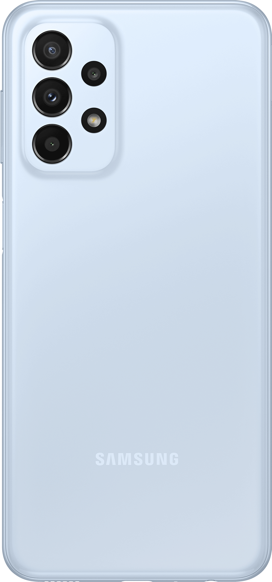 Lichtblauwe achterkant van een Samsung telefoon. Camera's en het Samsung logo zijn zichtbaar.