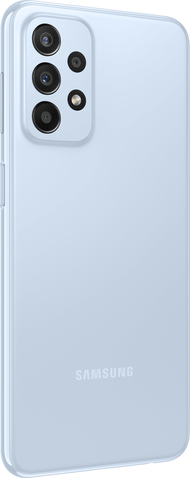 Blauwe telefoon met camera-opstelling, Samsung-logo en lichtblauwe achterkant.