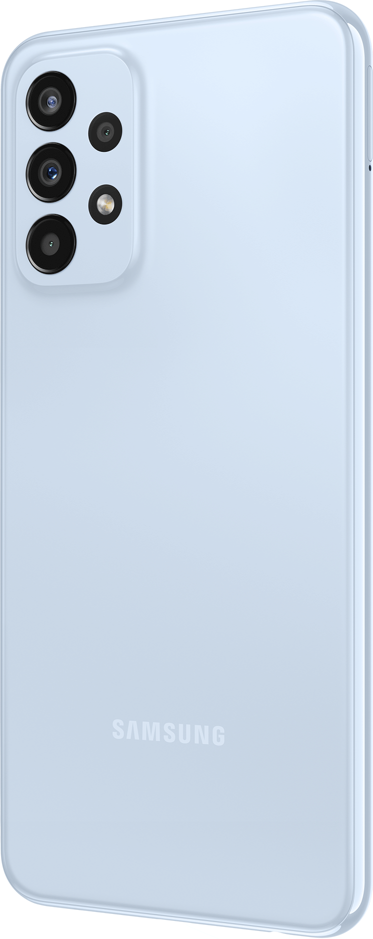 Lichtblauwe smartphone, met achterste camera's en Samsung-merk, schuine weergave.