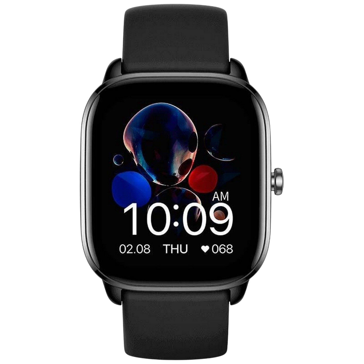 Un reloj inteligente negro con una pantalla rectangular que muestra la hora, la fecha y otros datos de fitness.