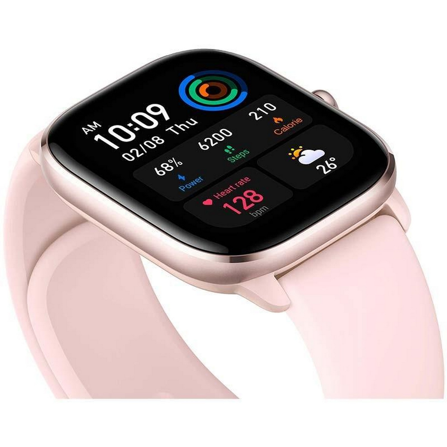 Un reloj inteligente rosa que muestra la hora, pasos, energía y frecuencia cardíaca.