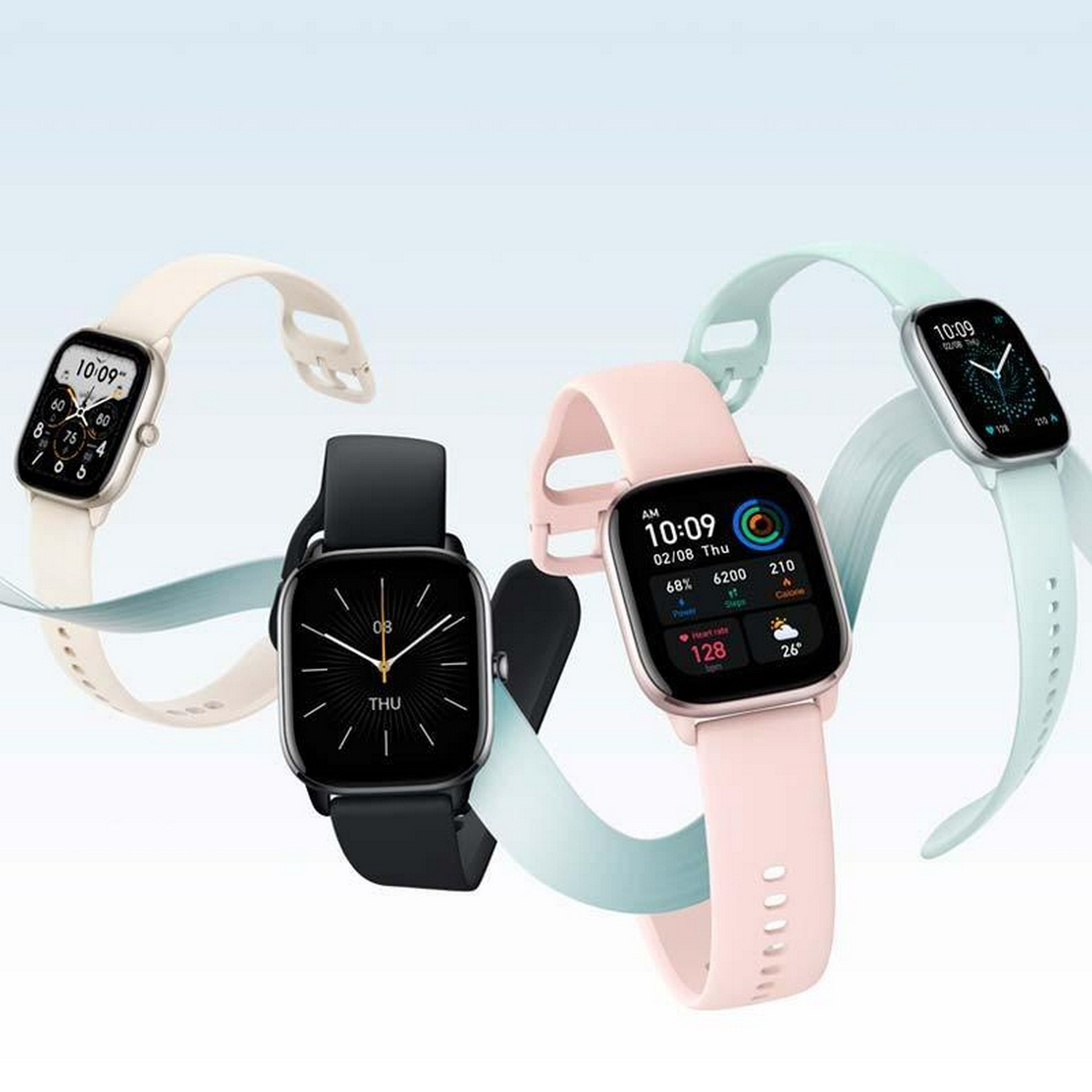 Cuatro smartwatches con correas y pantallas de diferentes colores. Mostrando la hora y estadísticas.