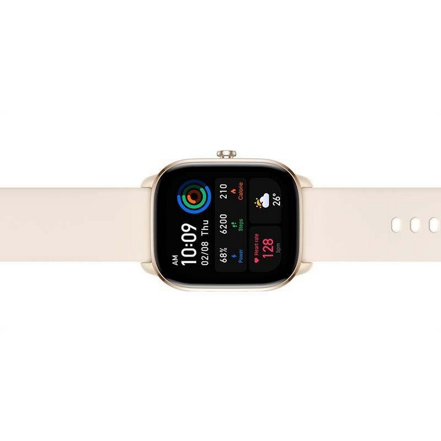 Un reloj inteligente que muestra la hora, la batería, la frecuencia cardíaca y otras métricas de fitness en una correa clara.
