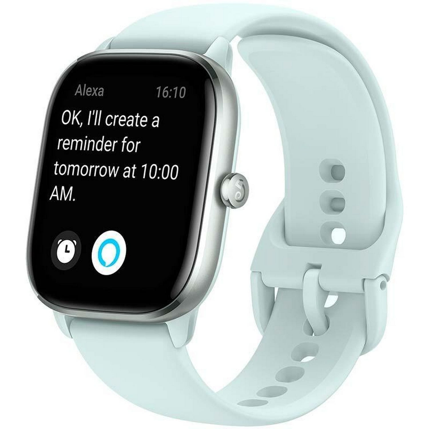 Pantalla de reloj inteligente mostrando recordatorio de Alexa para mañana a las 10:00 AM.