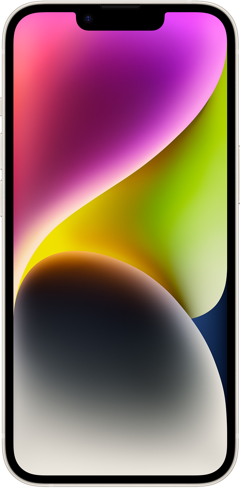 Fehér iPhone színes, absztrakt háttérképpel, a képernyőt mutatja.
