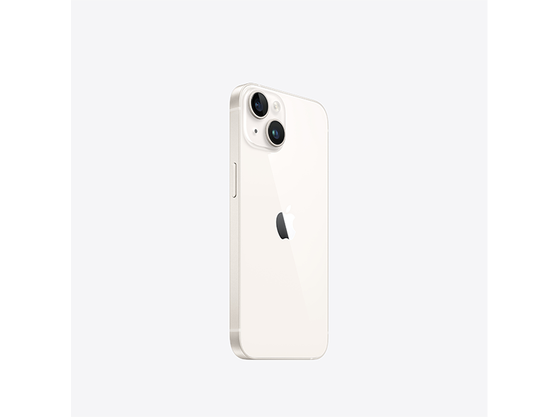 Fehér iPhone két kamerával és az Apple logóval. Az oldalsó nézet a telefon elegáns dizájnját mutatja.