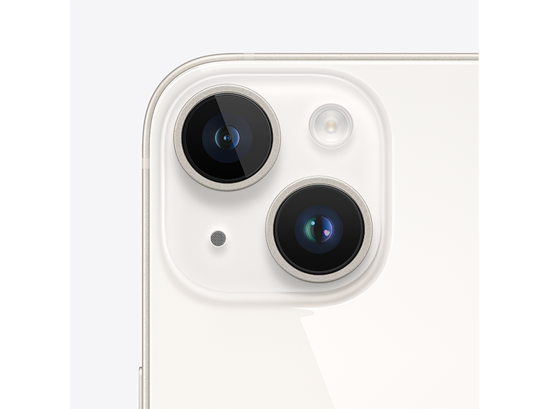 Fehér iPhone kamera közeli képe, két lencsével és egy kis érzékelővel. A keret fehér.