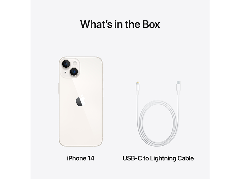 Fehér iPhone 14 fehér USB-C-Lightning kábellel. A dobozon ez áll: Mi van a dobozban?