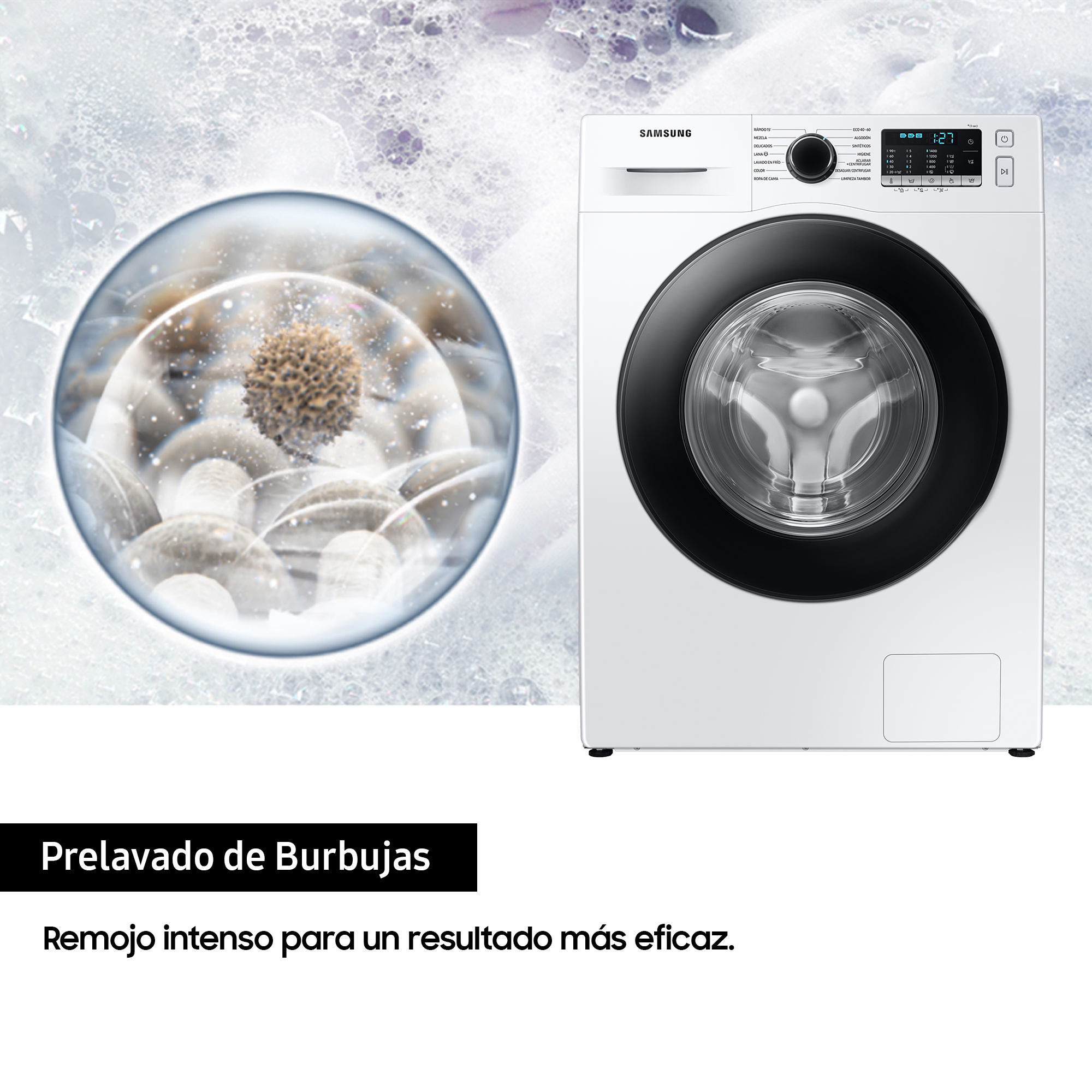 Lavadora blanca con ilustración de burbujas. El texto dice 'Pre-lavado de Burbujas'.