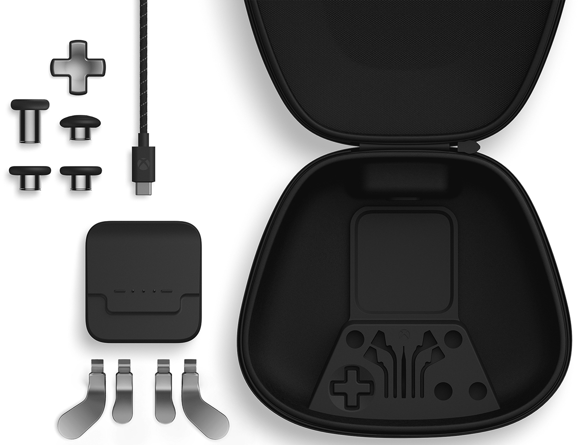 Manette Xbox Elite Series 2 et accessoires. Comprend des joysticks supplémentaires, un D-pad, des palettes et un étui.