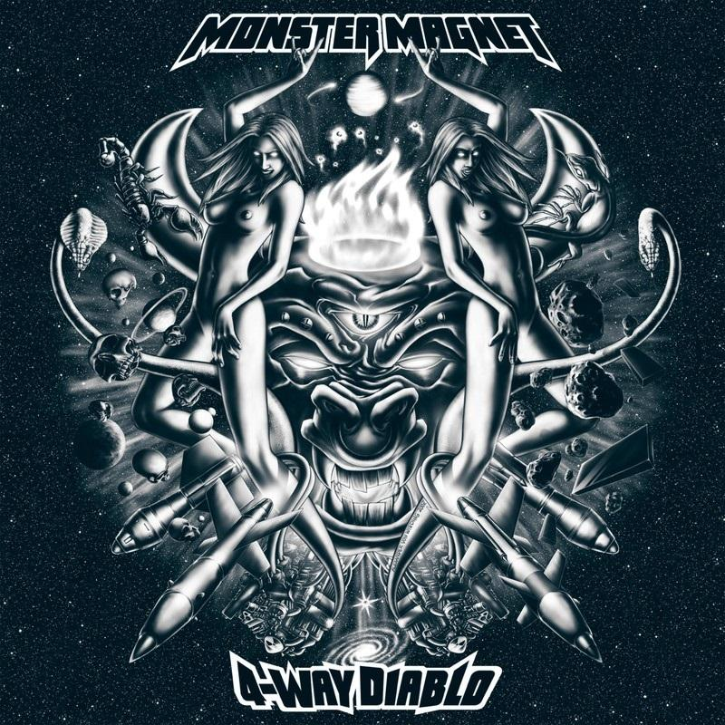Album borító szörny arccal és két meztelen nővel, 'Monster Magnet' és '4-Way Diablo' szöveggel.