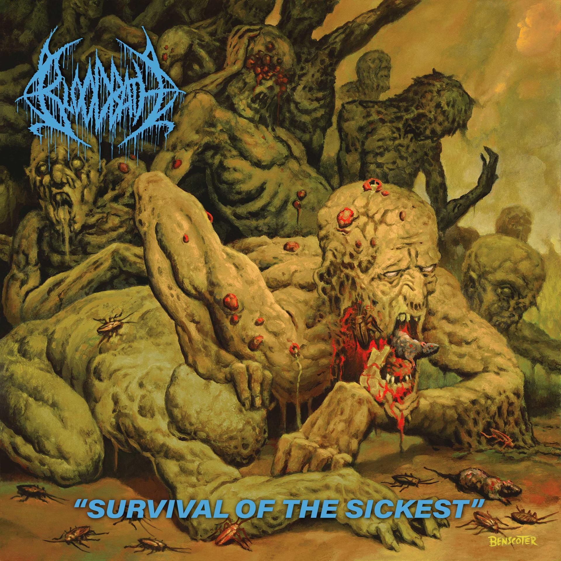 Zombi-szerű figurák egy véres album borítón.