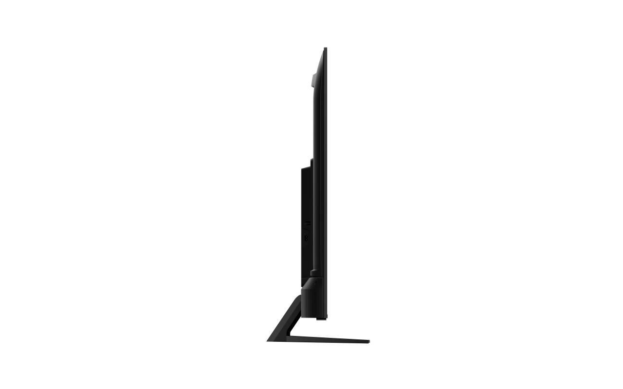 Siyah TV, yan görünüm. Ekran siyah, bir stand ile. Minimalist tasarım.