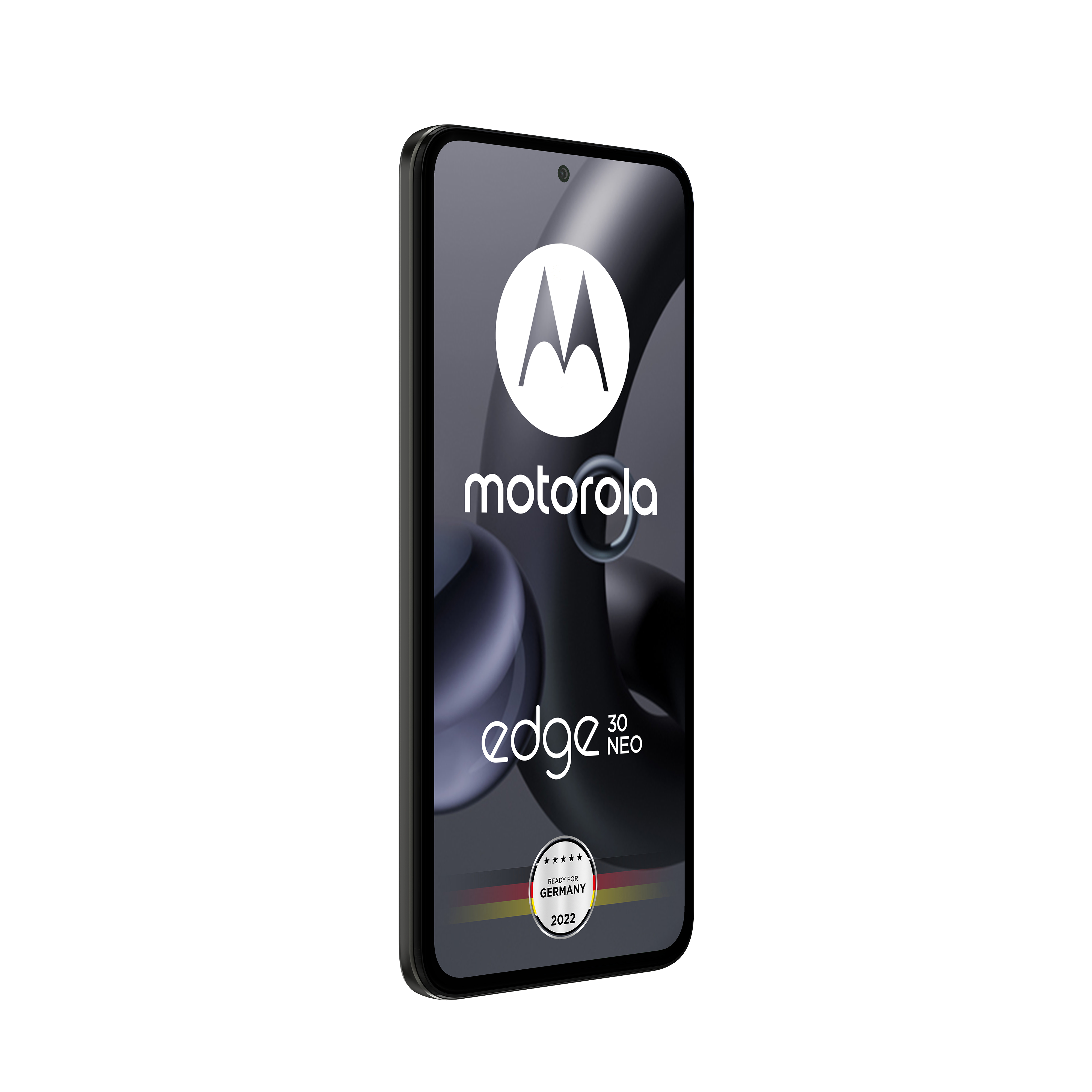 Motorola Edge 30 Neo Telefon, schwarz, angewinkelt, mit Logo.