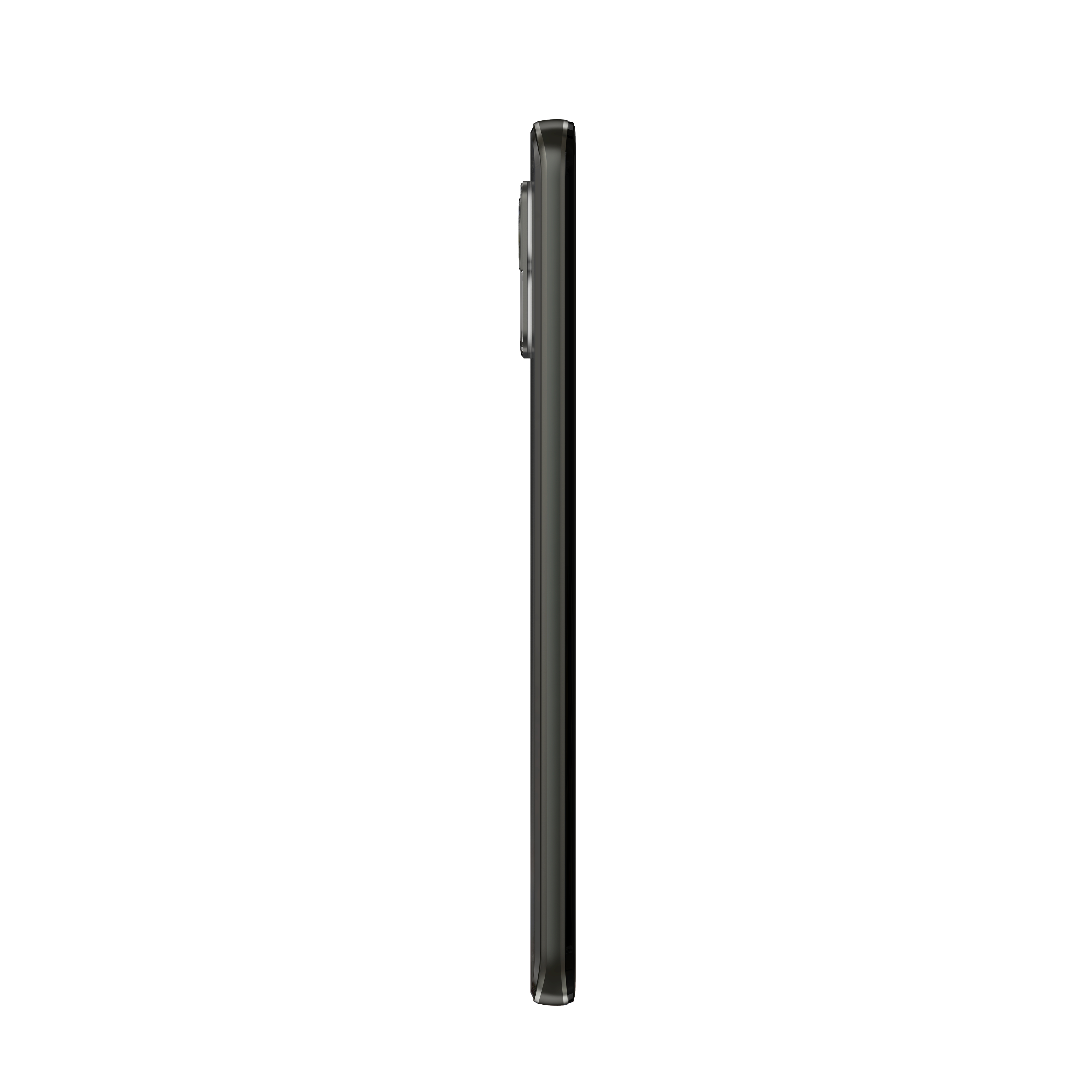 Schwarzes Telefon von der Seite mit Dreifachkamera. Das Telefon ist schlank und dunkel.
