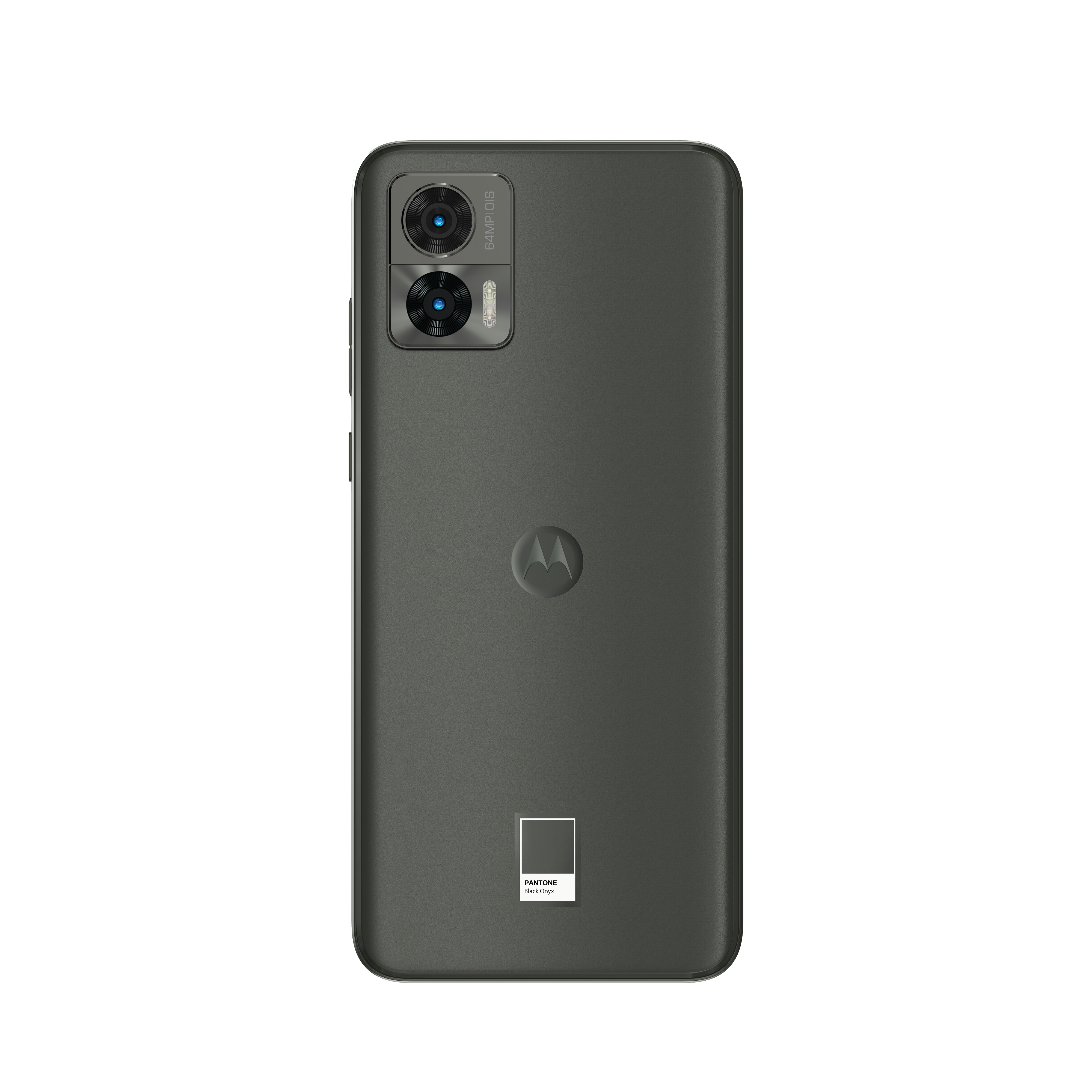 Dunkelgraues Motorola-Telefon auf weißem Hintergrund, mit zwei Kameras und Motorola-Logo.