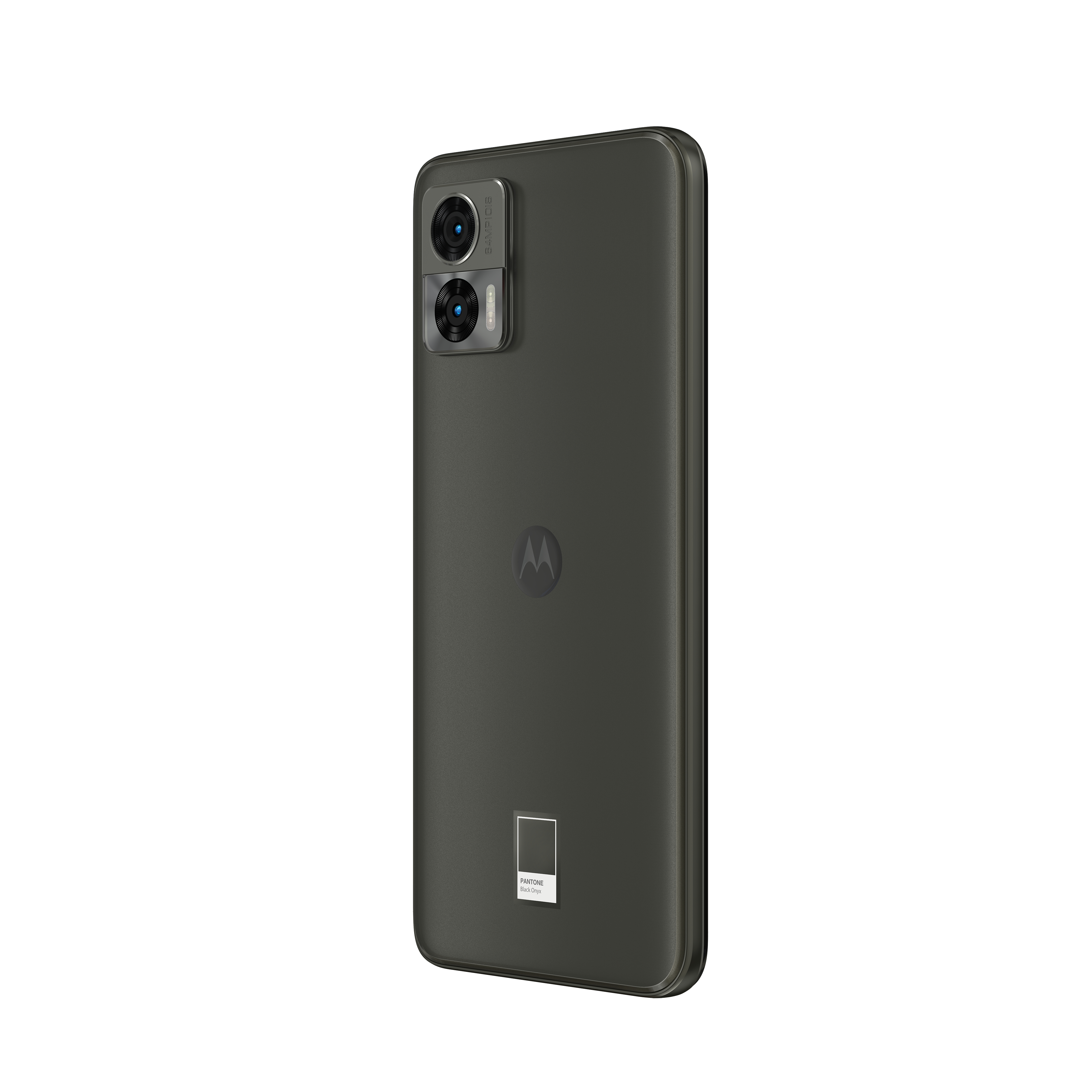 Schwarzes Motorola-Telefon, Rückansicht, mit Dual-Kameras und Motorola-Logo. Pantone-Etikett.