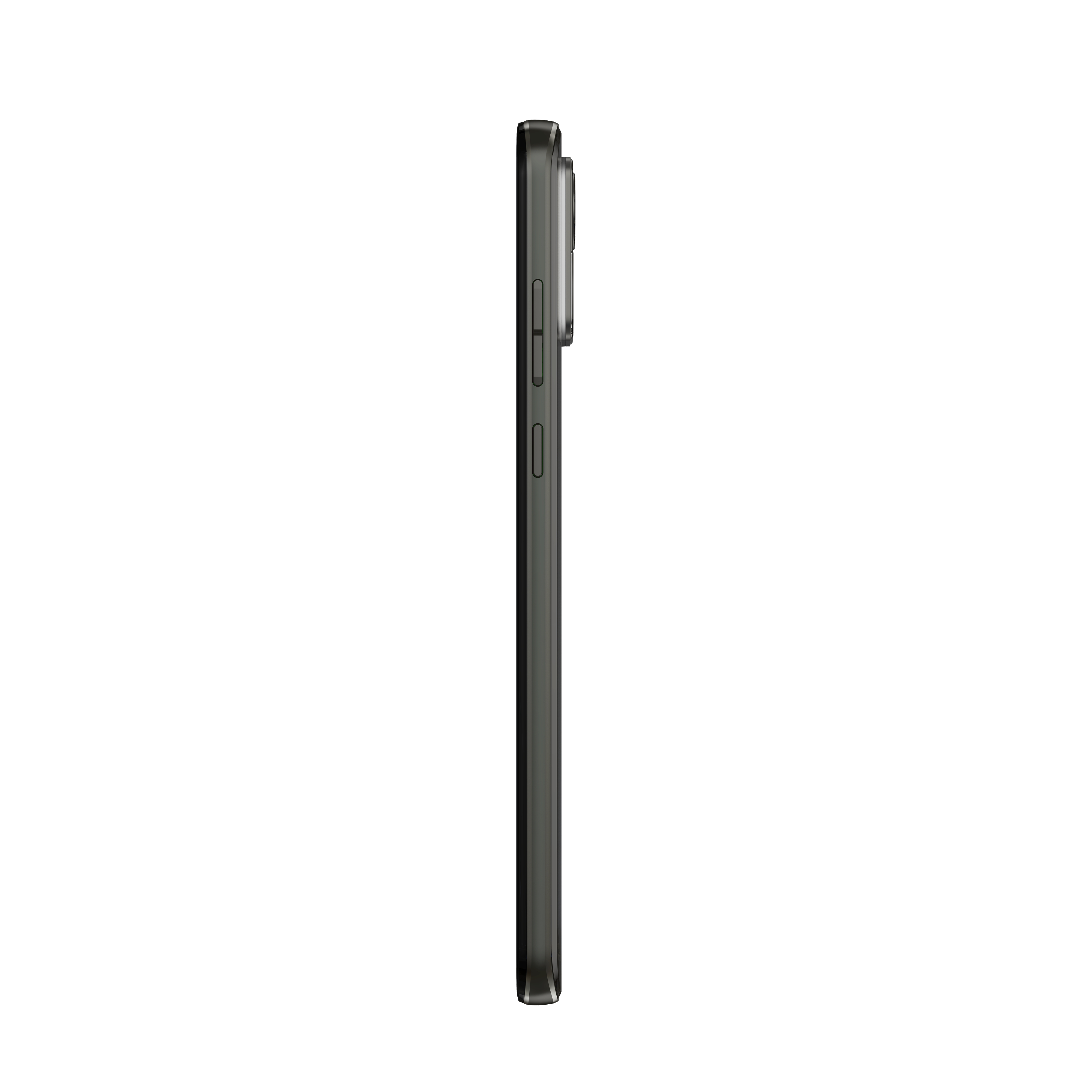 Seitenansicht eines schwarzen Smartphones mit Kamera auf der Rückseite, vor weißem Hintergrund.