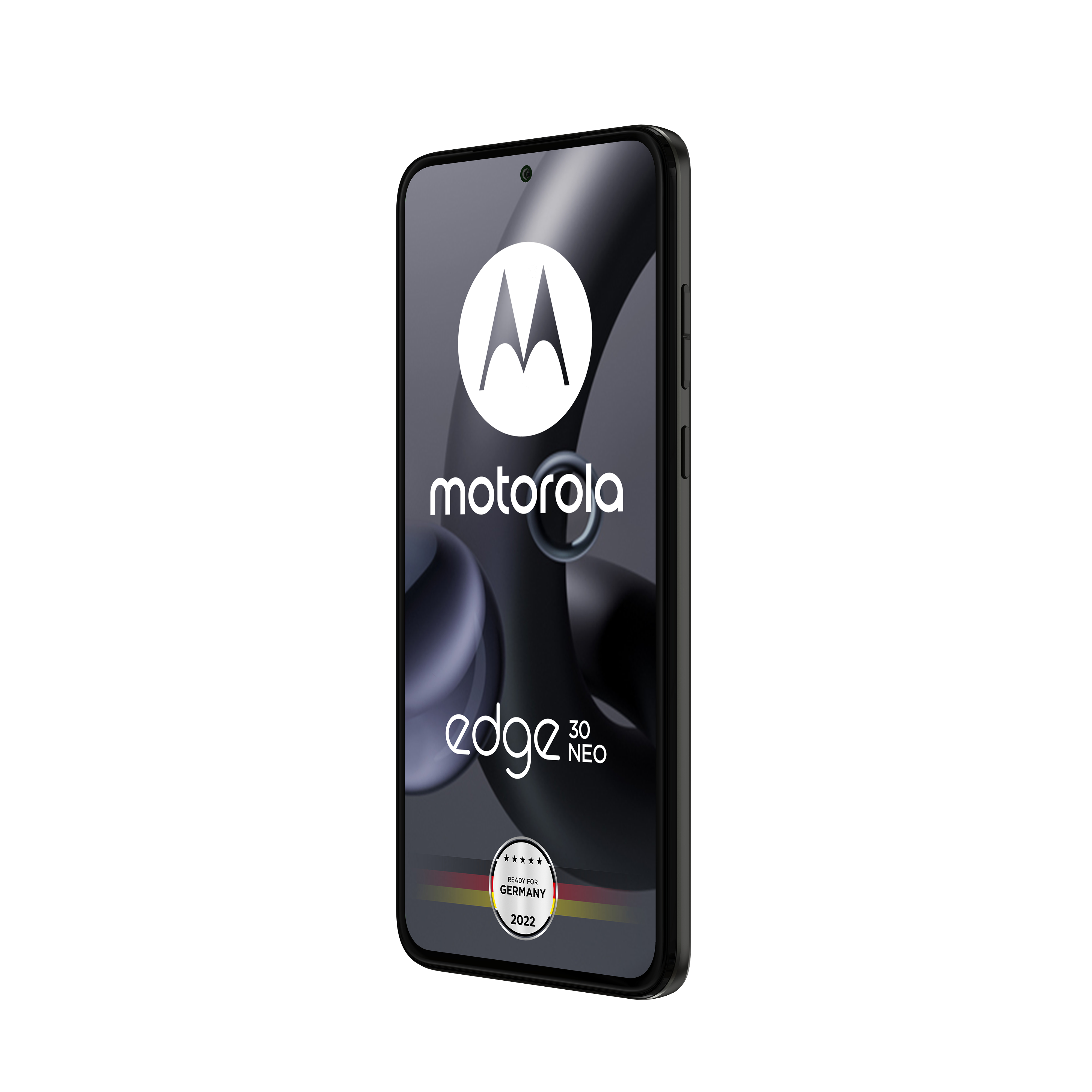 Schwarzes Motorola Edge 30 Neo Smartphone mit schwarzem Bildschirm, der das Motorola-Logo und Text anzeigt.