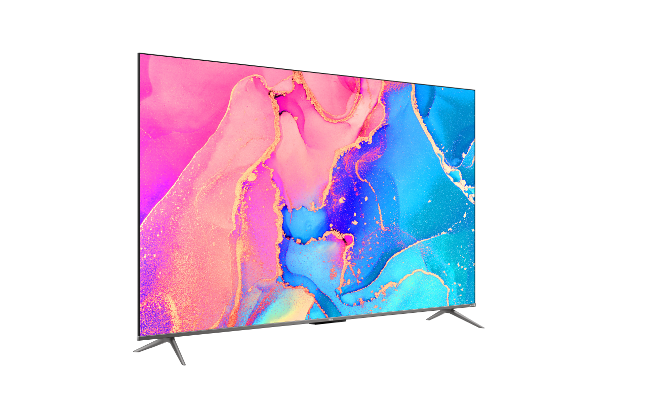 Beyaz bir çerçevede renkli soyut sanat içeren büyük bir TV ekranı.
