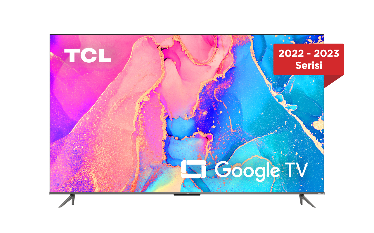 TCL Google TV, büyük ekran. Etikette 2022-2023 Serisi yazıyor. Renkli soyut arka plan.