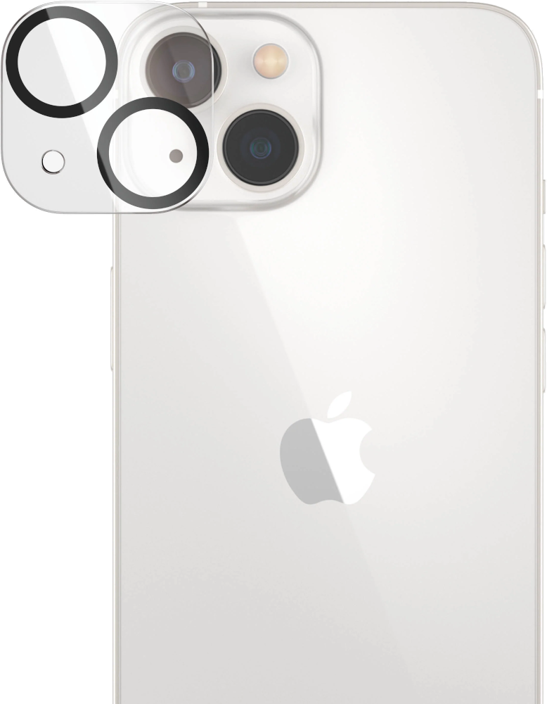 Witte telefoonachterkant met camera's. Drie lenzen en flits. Apple-logo in het midden.