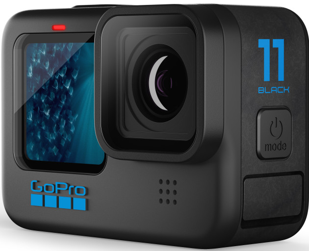 Schwarze GoPro-Kamera mit Bildschirm und Objektiv. Blaues GoPro-Logo unten. Schwarzer 11 Black-Text oben rechts.