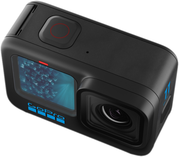 Eine schwarze GoPro Action-Kamera mit Objektiv und roter Aufnahmetaste.