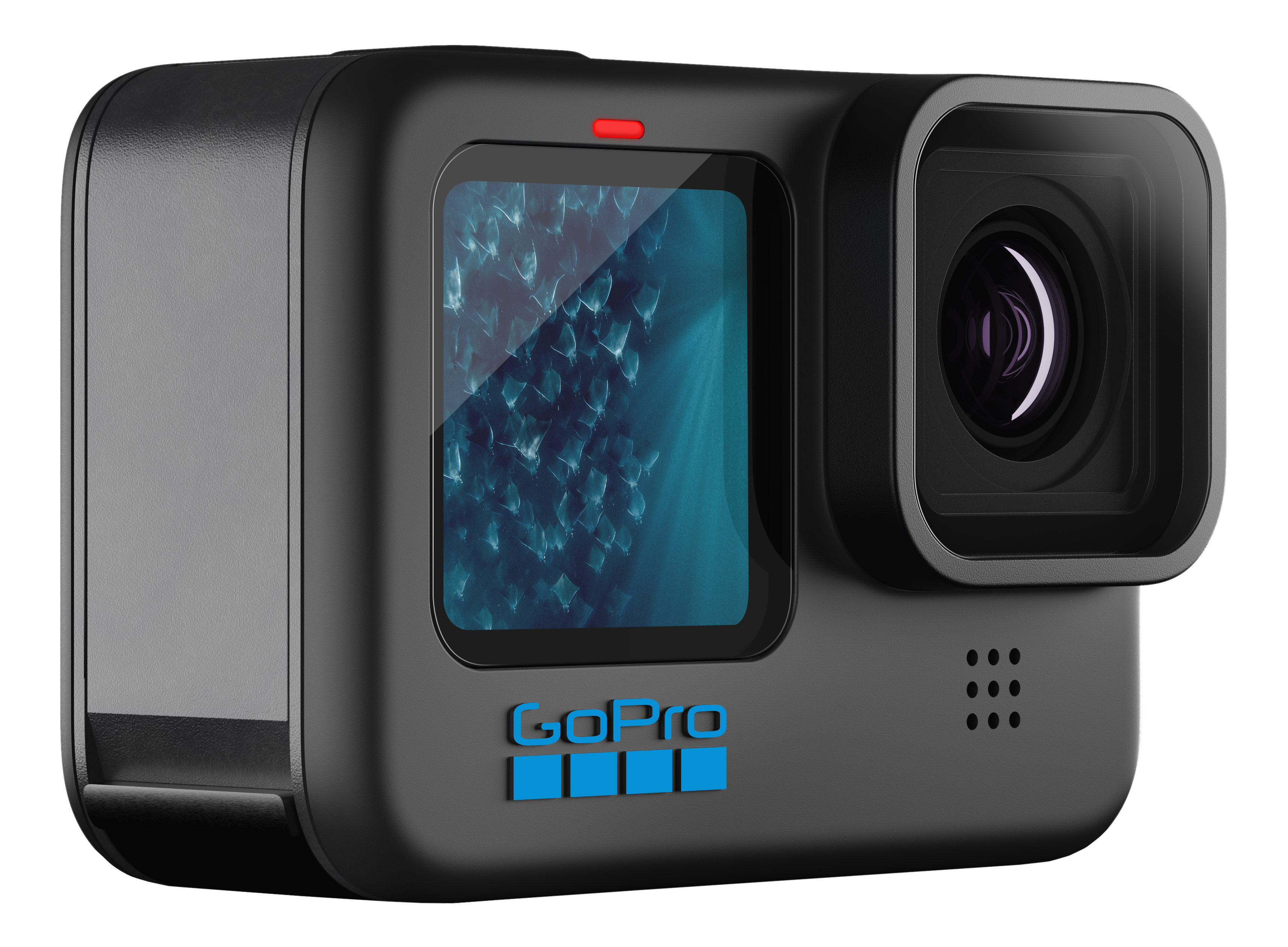 Schwarze GoPro-Kamera mit Bildschirm, Linse und dem Wort GoPro. Rotes Licht oben.