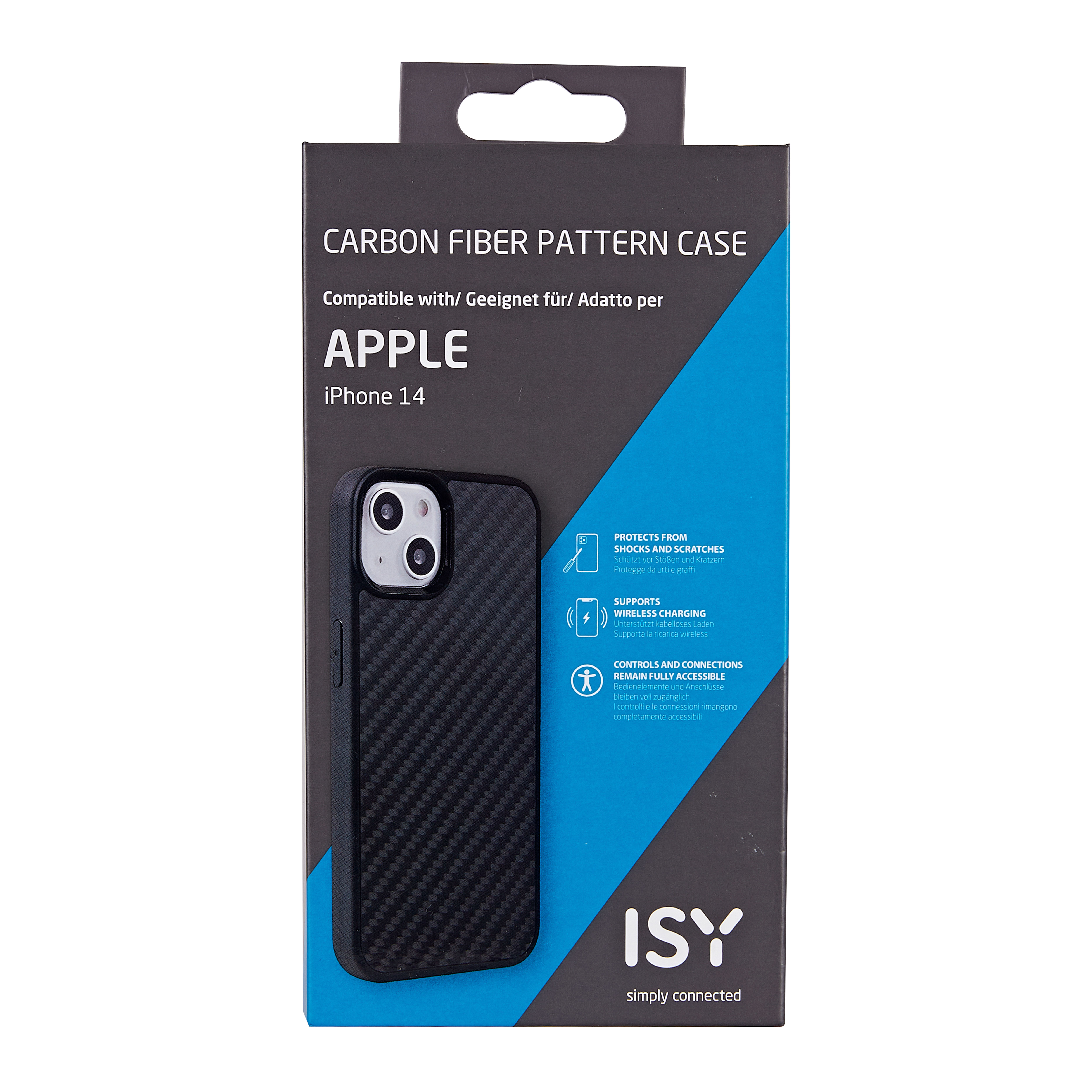 Schwarze Handyhülle mit Karbonfasermuster, kompatibel mit Apple iPhone 14, in einer Box.