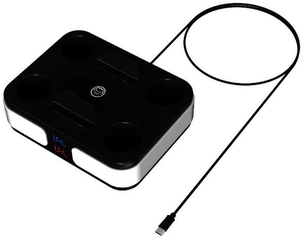 Black and silver cat food dispenser with a USB cable. Buttons on front, cable on right.